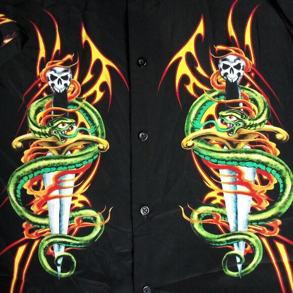 Vintage Y2K Dragonfly Skulls Snakes Dagger Tribal Polyester Shirt